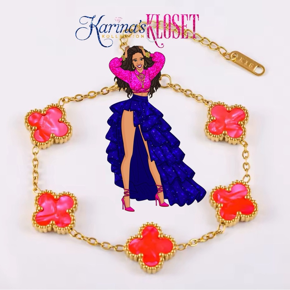 Coral Agate Marble Gold & Deep Pink Coral Clover Bracelet, 18 Karat Gold Plated